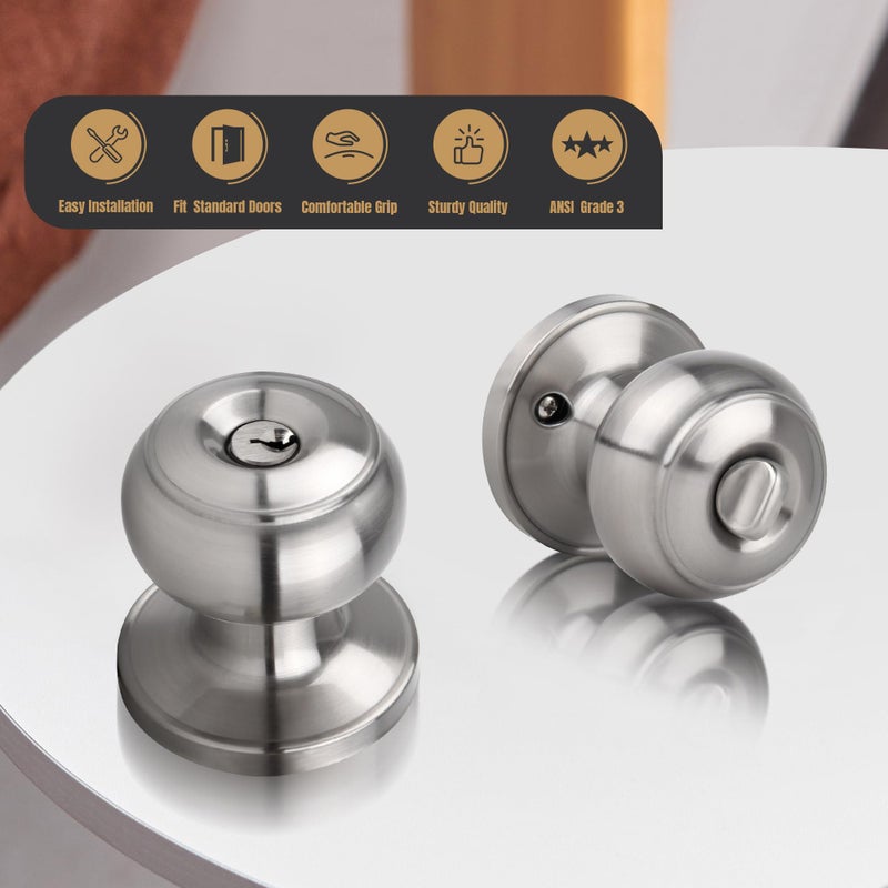 Gaurqiah Keyed Entry Door Knob, Flat Ball Interior Door Knob with Lock, Round Exterior Doorknob for Front/Entrance Doors, Stain Nickel - Image 2